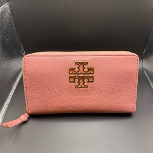 Tory Burch Pink Zip-Around Leather Wallet with Gold Logo